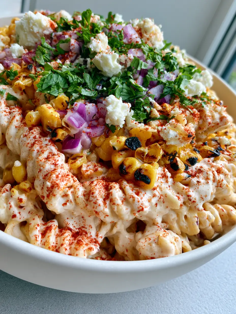 Street Corn Pasta Salad with Creamy Lime Dressing 3 Close up view of Street Corn Pasta Salad showing charred corn and creamy dressing on rotini noodles.