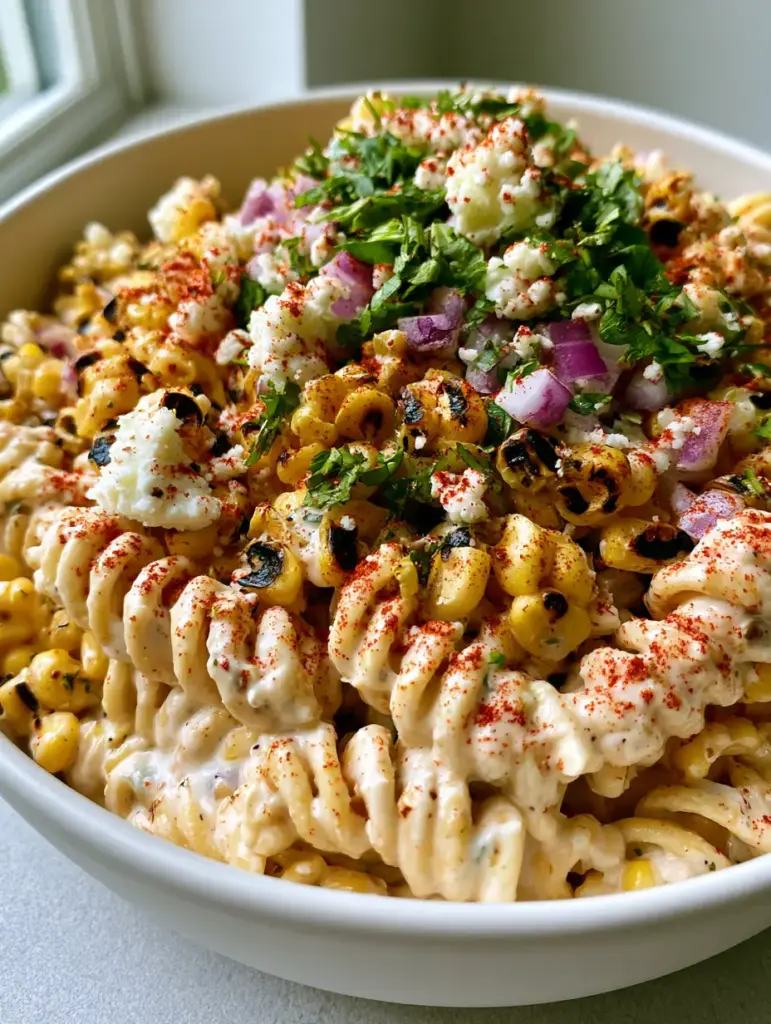 Street Corn Pasta Salad with Creamy Lime Dressing 1 Side view of Mexican Street Corn Pasta Salad with generous cotija cheese and cilantro toppings.