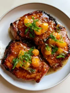 Close-up of Pineapple Ginger Pork Chops showing the dark golden-brown caramelization and vibrant green scallion garnish.
