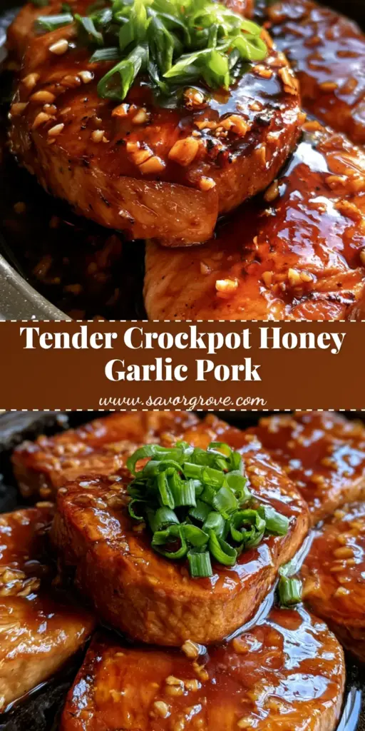 Crockpot Honey Garlic Pork Chops: The Ultimate Tender Dinner Recipe 3 Close up of succulent thick-cut Crockpot Honey Garlic Pork Chops with a glossy amber glaze and green scallions in a black slow cooker bowl.