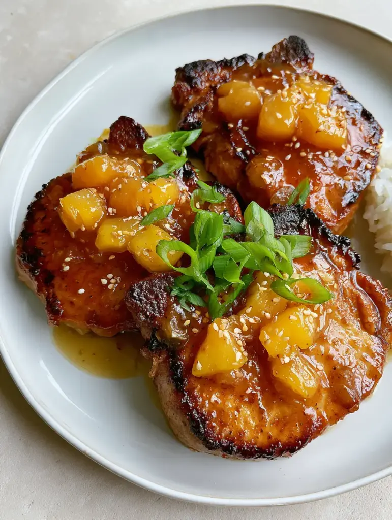 Pineapple Ginger Pork Chops with a Glossy Amber Glaze 1 Three Pineapple Ginger Pork Chops served with a side of fluffy white rice on a minimalist white ceramic plate.