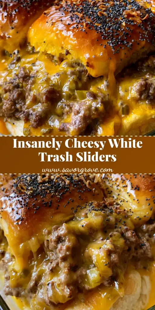 White Trash Sliders: The Ultimate Cheesy Ground Beef Party Rolls 4 A close-up high-angle shot of White Trash Sliders in a glass dish with gooey yellow Velveeta cheese dripping down the sides of golden Hawaiian rolls topped with poppy seeds.