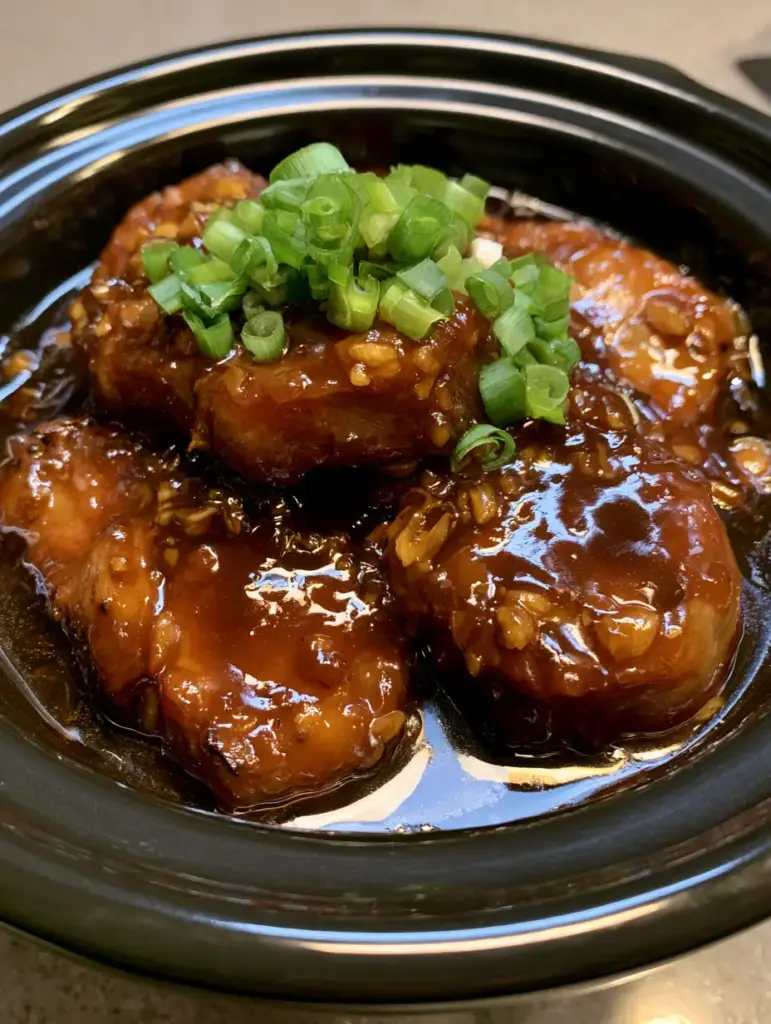 Crockpot Honey Garlic Pork Chops: The Ultimate Tender Dinner Recipe 2 Handheld smartphone photo of thick-cut pork chops submerged in honey garlic sauce inside a black ceramic crockpot.