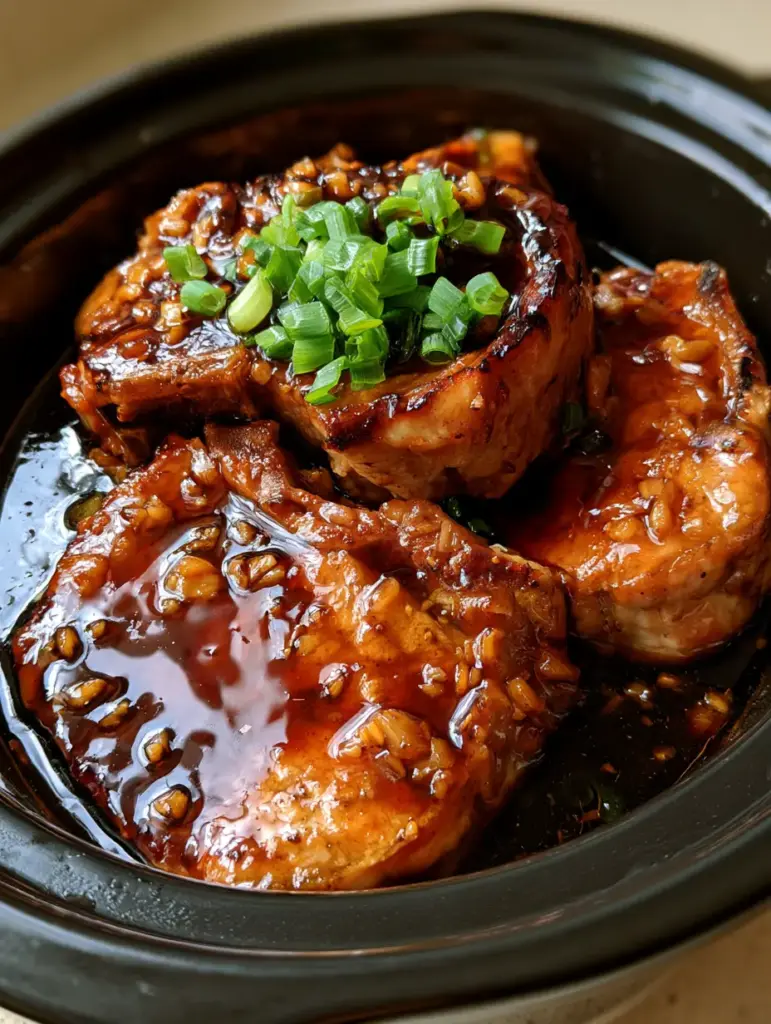 Crockpot Honey Garlic Pork Chops: The Ultimate Tender Dinner Recipe 1 Top down view of glossy honey garlic pork chops garnished with fresh scallions in a black slow cooker.