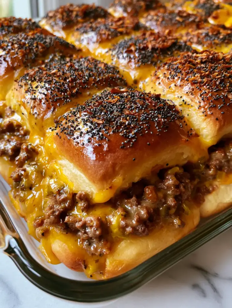 White Trash Sliders: The Ultimate Cheesy Ground Beef Party Rolls 1 A smartphone-style photo of cheesy beef sliders with visible green chilies and a glossy butter glaze on a marble countertop.