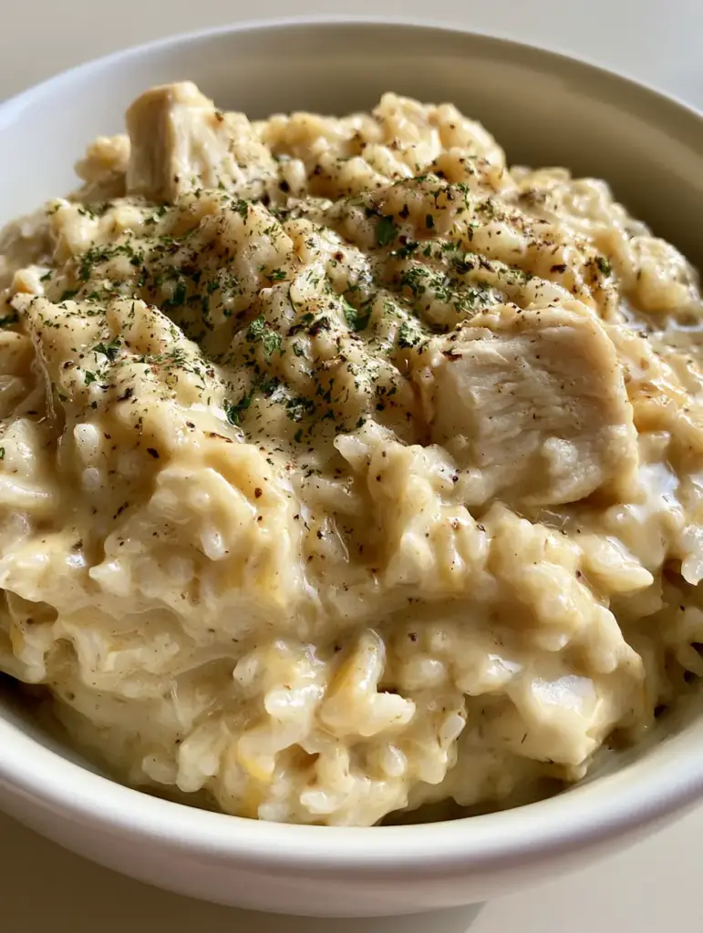Angel Chicken and Rice: The Creamiest Golden One-Bowl Dinner 1 A white ceramic bowl filled with Angel Chicken and Rice, showcasing the tender white meat chicken breast and dried parsley garnish.