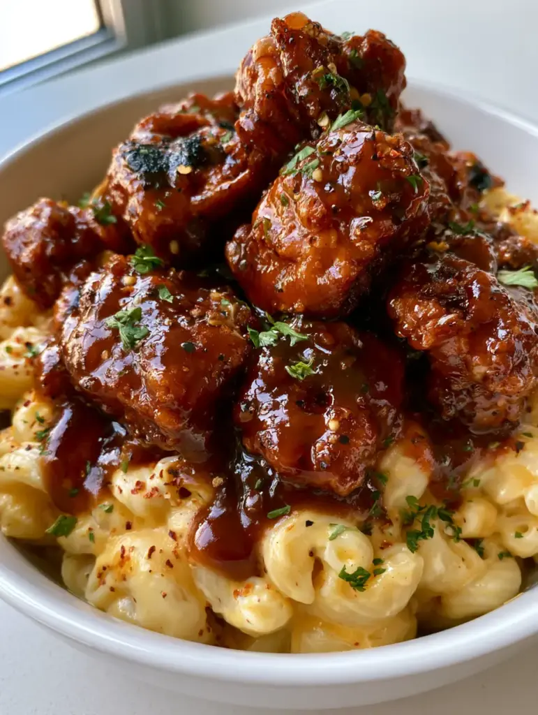 Honey Pepper Chicken Mac and Cheese with Crispy Fried Bites 1 Detailed shot of cracked black pepper and red chili flakes on sticky honey glazed chicken bites. (Honey Pepper Chicken Mac and Cheese)