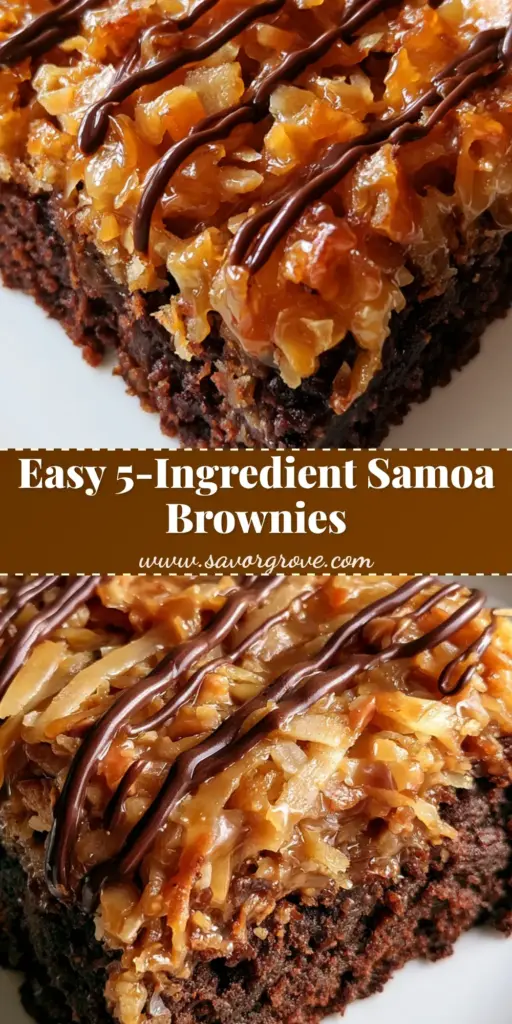 Samoa Brownies Recipe: Fudgy Chocolate and Toasted Coconut Bliss 3 A stack of Samoa Brownies featuring a thick dark chocolate base and toasted coconut caramel topping with chocolate drizzle.