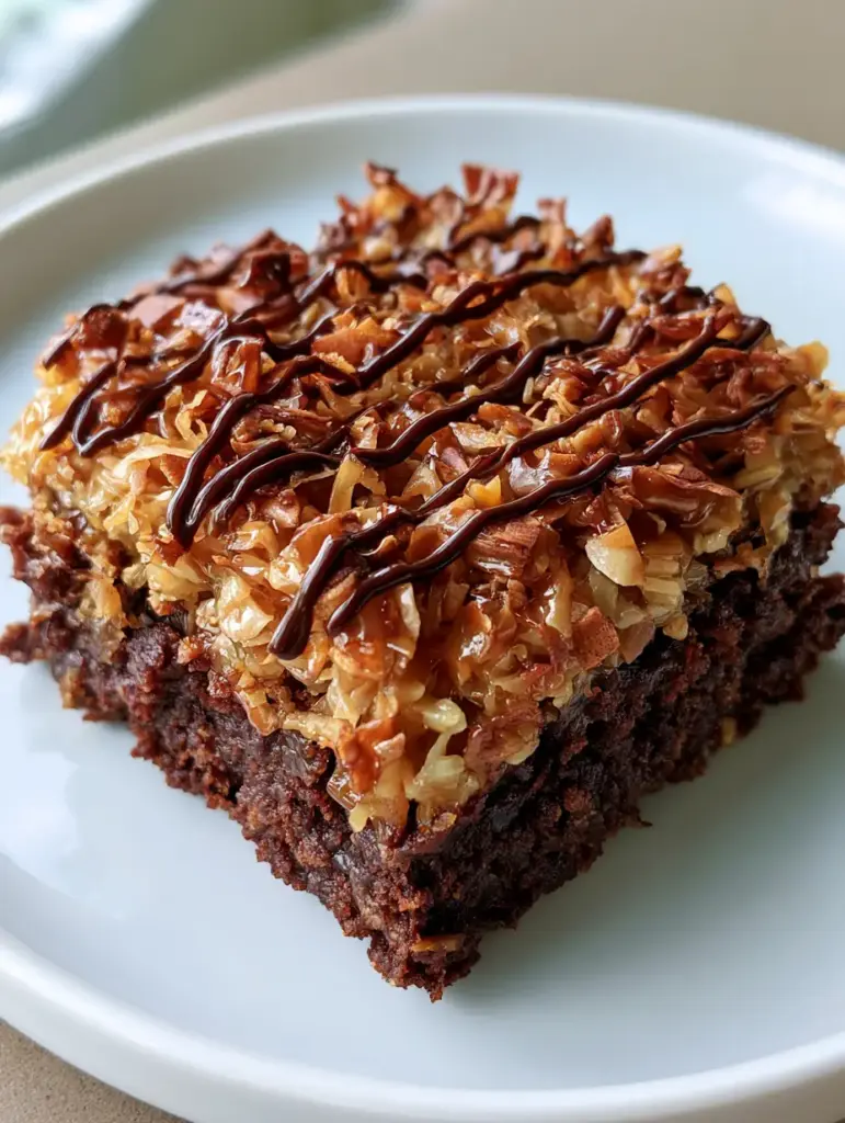 Samoa Brownies Recipe: Fudgy Chocolate and Toasted Coconut Bliss 1 Top view of Samoa Brownies with amber caramel and dark chocolate zig-zag drizzle.