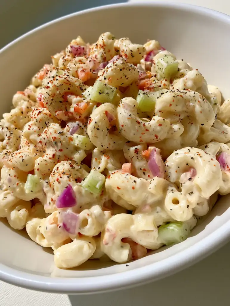 Top down view of Macaroni Salad garnished with coarse black pepper and red paprika flakes in a white ceramic bowl.