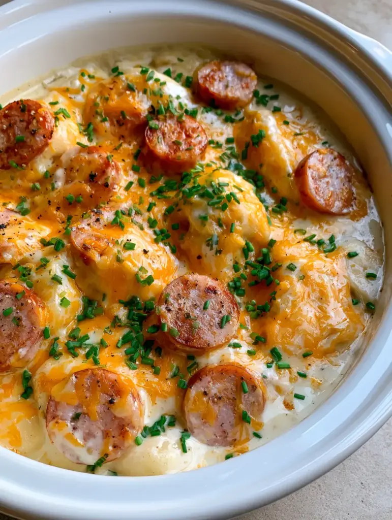Crockpot Pierogi Casserole with Seared Kielbasa and Bubbly Cheddar 1 Internal view of Crockpot Pierogi Casserole featuring seared kielbasa edges and melted golden-orange cheddar cheese.