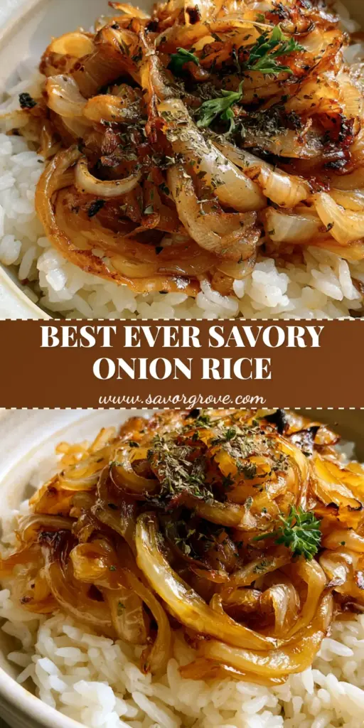 Onion Rice Recipe with Caramelized Golden Onions 4 A rustic ceramic bowl filled with fluffy white rice topped with caramelized golden-bronze onions and parsley sprigs. (Onion Rice Recipe)