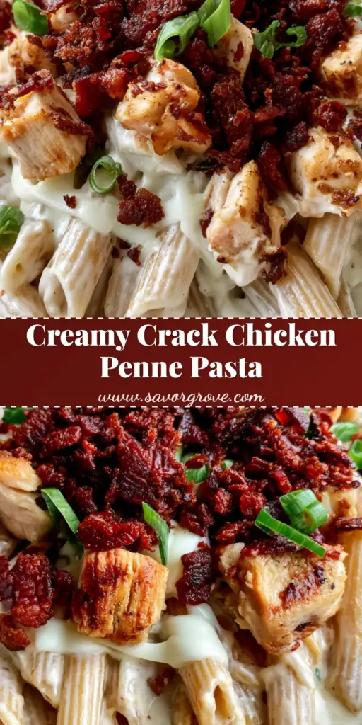 Crack Chicken Penne Pasta with Crispy Bacon and Ranch 4 A close up view of Crack Chicken Penne Pasta in a white bowl showing thick ranch sauce, seared chicken, and crispy bacon.