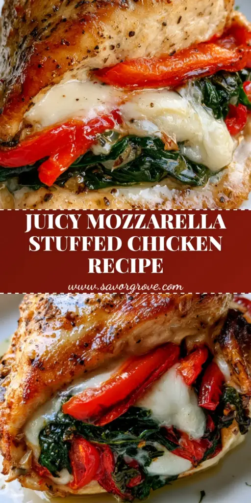 A thick Stuffed Chicken Breast sliced open to reveal melted mozzarella, red peppers, and spinach on a white plate.
