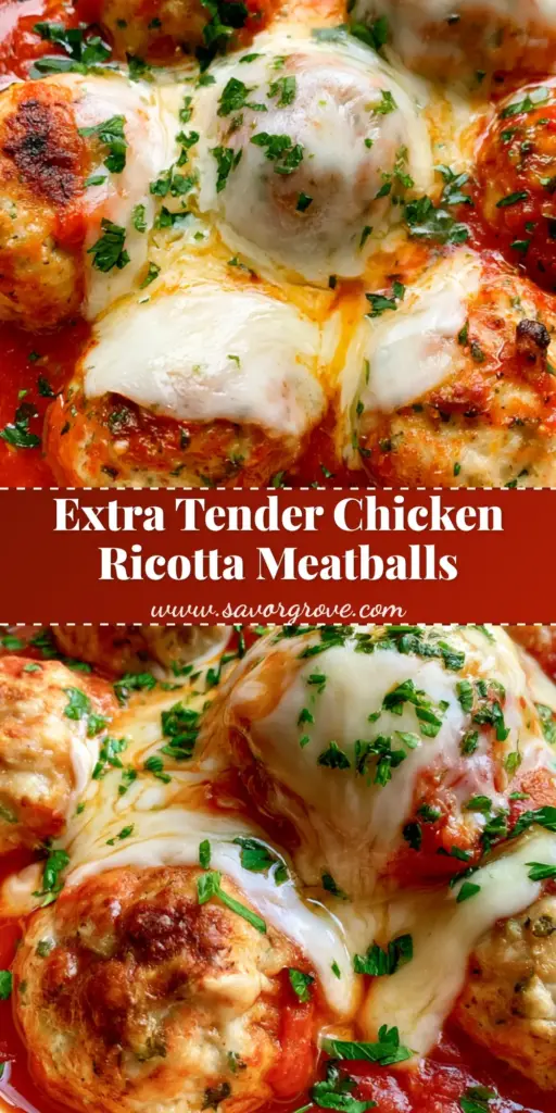 Chicken Ricotta Meatballs: Ultra-Tender & Cheesy Baked Meatballs 4 A close-up view of six golden-brown Chicken Ricotta Meatballs smothered in red marinara and melted mozzarella in a white bowl.