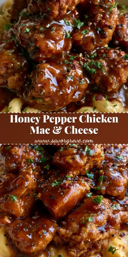 Honey Pepper Chicken Mac and Cheese with Crispy Fried Bites 4 A close up smartphone photo of Honey Pepper Chicken Mac and Cheese featuring sticky dark amber chicken bites over creamy yellow macaroni.