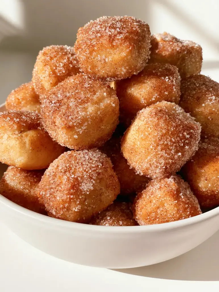 Cinnamon Sugar Biscuit Bites: The Easiest 20-Minute Sweet Treat 2 Close up of bite-sized golden-brown biscuit dough pieces with a granular cinnamon sugar coating. (Cinnamon Sugar Biscuit Bites)