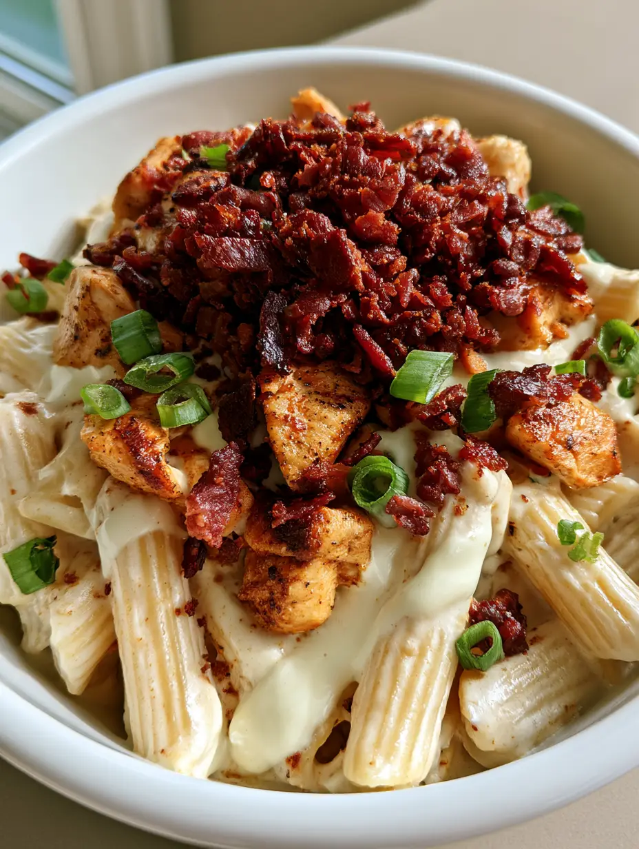 Crack Chicken Penne Pasta with Crispy Bacon and Ranch 3 Smartphone photo of creamy Crack Chicken Penne Pasta with melted white cheese and green scallions.