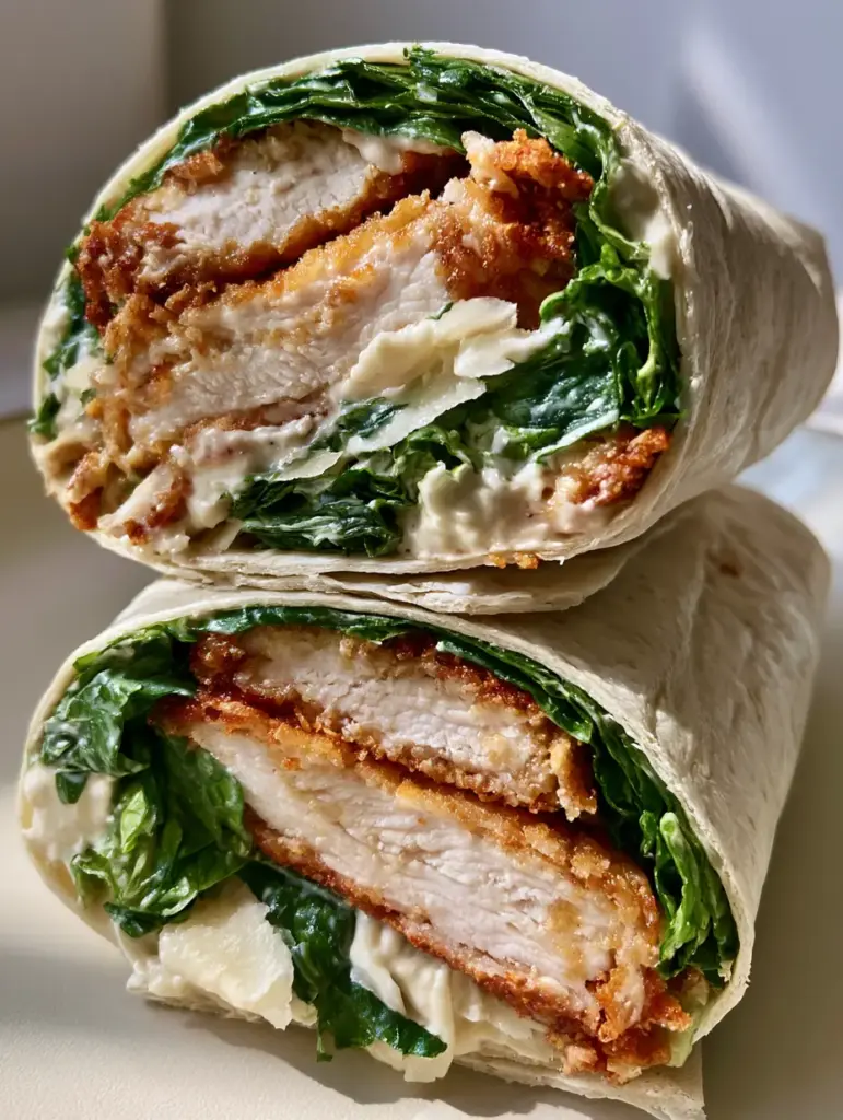 Crispy Chicken Caesar Wrap: The Ultimate Quick and Creamy Lunch 2 Close up of a Crispy Chicken Caesar Wrap featuring golden breaded chicken and thick creamy dressing.