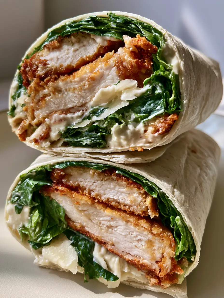 Crispy Chicken Caesar Wrap: The Ultimate Quick and Creamy Lunch 3 Close up of a Crispy Chicken Caesar Wrap featuring golden breaded chicken and thick creamy dressing.