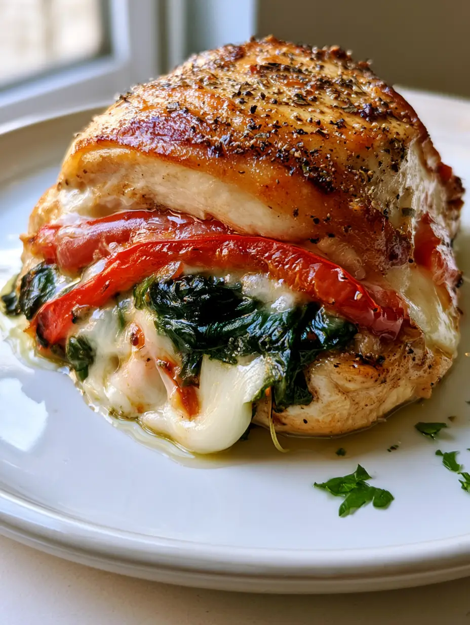 Close-up of golden-brown seared Stuffed Chicken Breast with cracked black pepper seasoning.