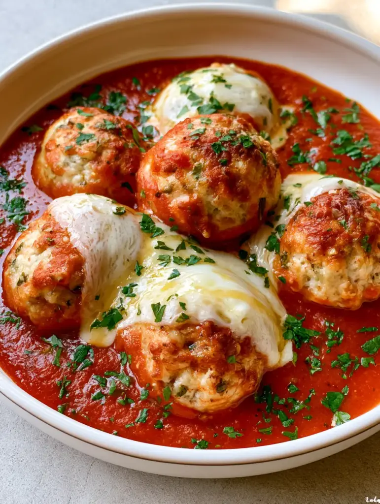 Chicken Ricotta Meatballs: Ultra-Tender & Cheesy Baked Meatballs 2 Close-up of baked Chicken Ricotta Meatballs with visible herb flecks and melted gooey mozzarella cheese.