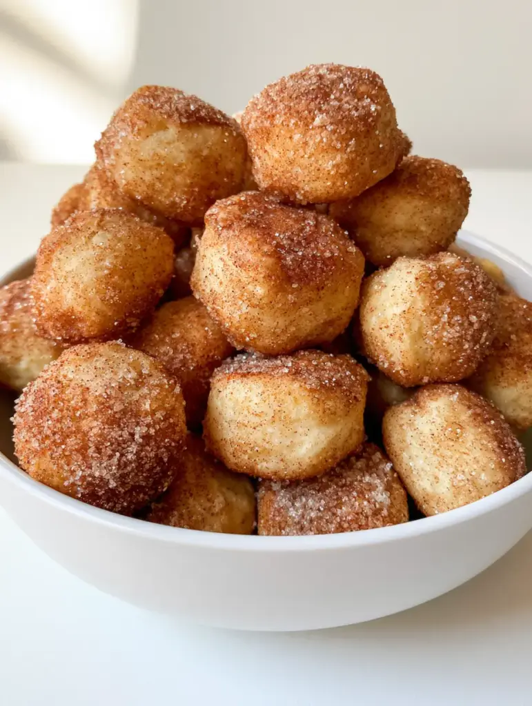 Cinnamon Sugar Biscuit Bites: The Easiest 20-Minute Sweet Treat 1 A pile of Cinnamon Sugar Biscuit Bites in a plain white ceramic bowl showing soft and pillowy textures.