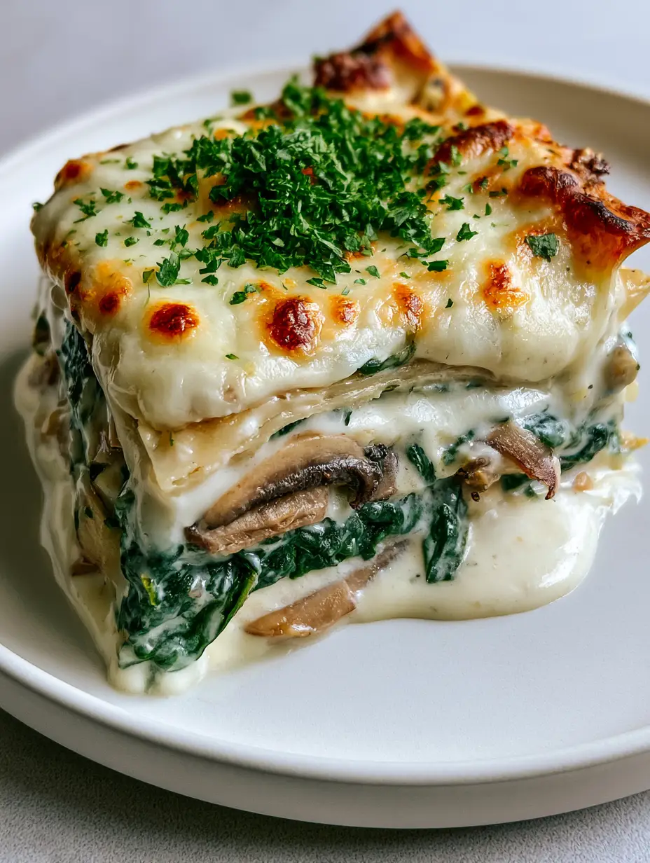 Creamy Spinach and Mushroom Lasagna with White Cheese Sauce 3 Detailed close-up of Creamy Spinach and Mushroom Lasagna showing bubbly melted mozzarella and charred parmesan patches on top.