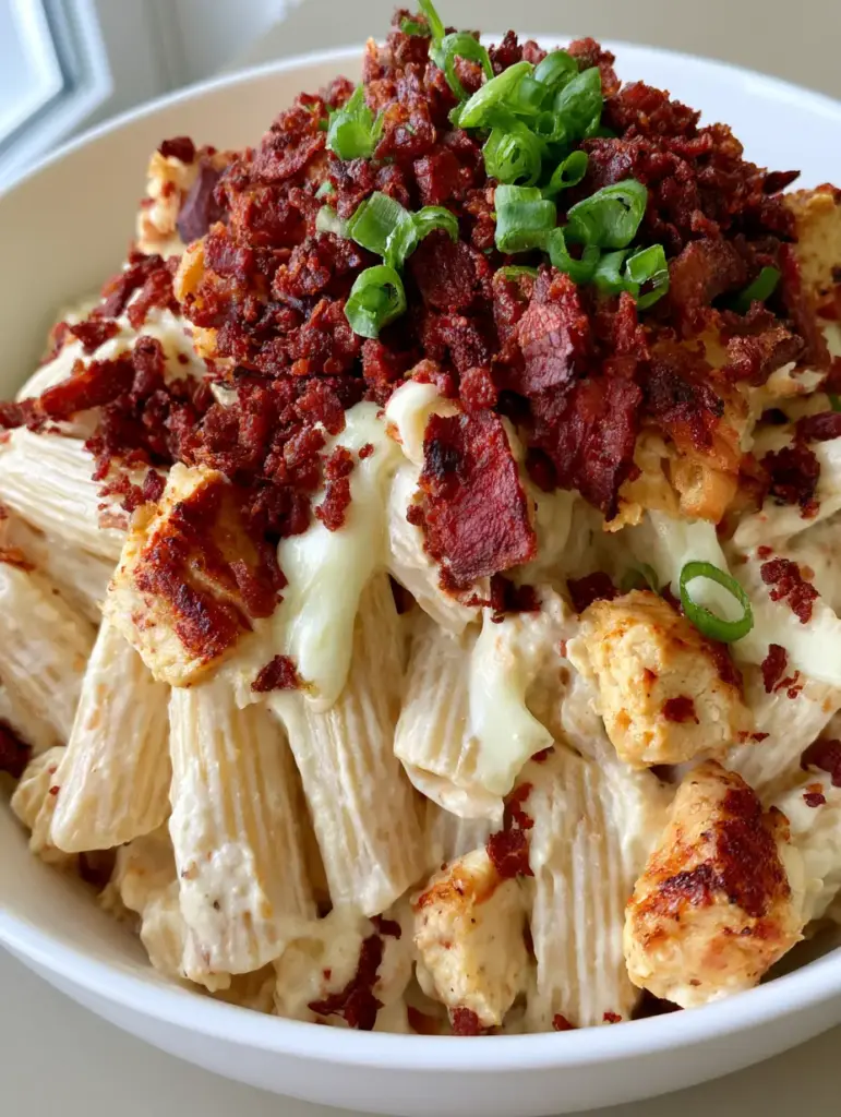 Crack Chicken Penne Pasta with Crispy Bacon and Ranch 1 Overhead view of Crack Chicken Penne Pasta featuring golden-brown chicken and dark-red bacon bits.