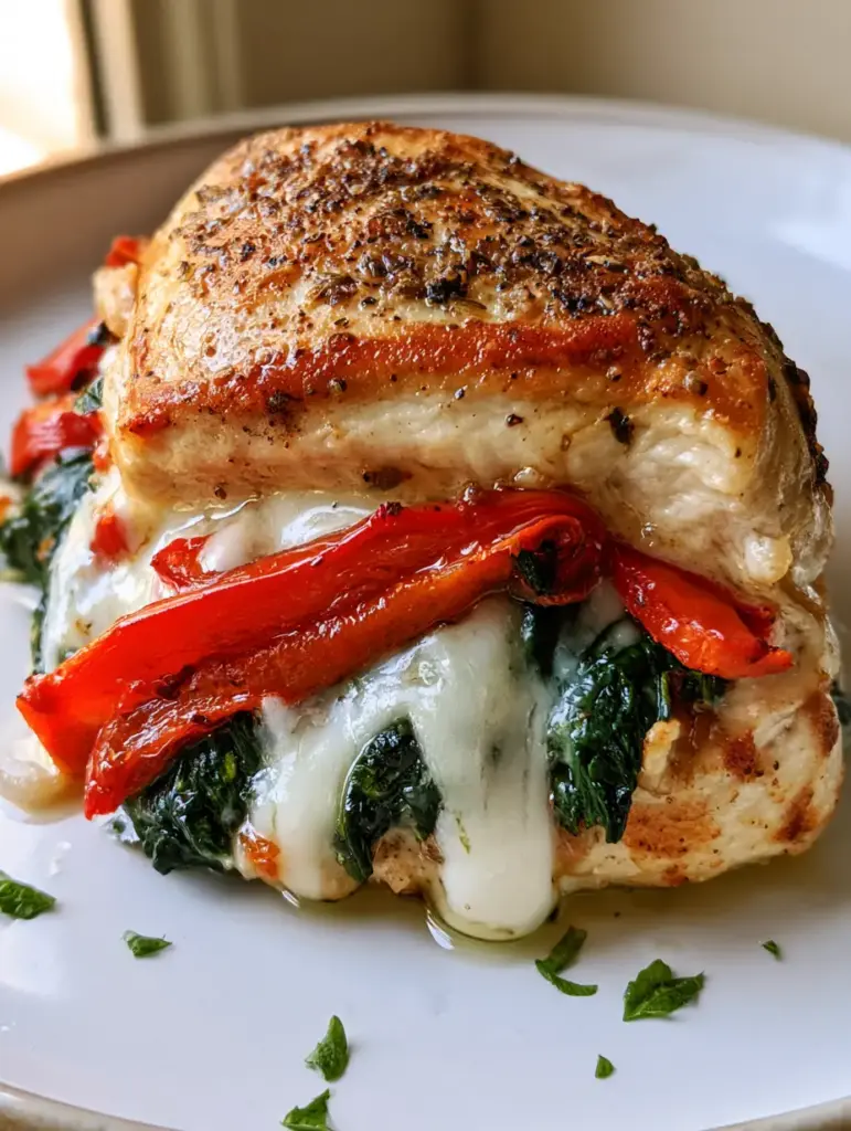 Sliced Stuffed Chicken Breast showing vibrant red roasted peppers and dark green spinach filling.