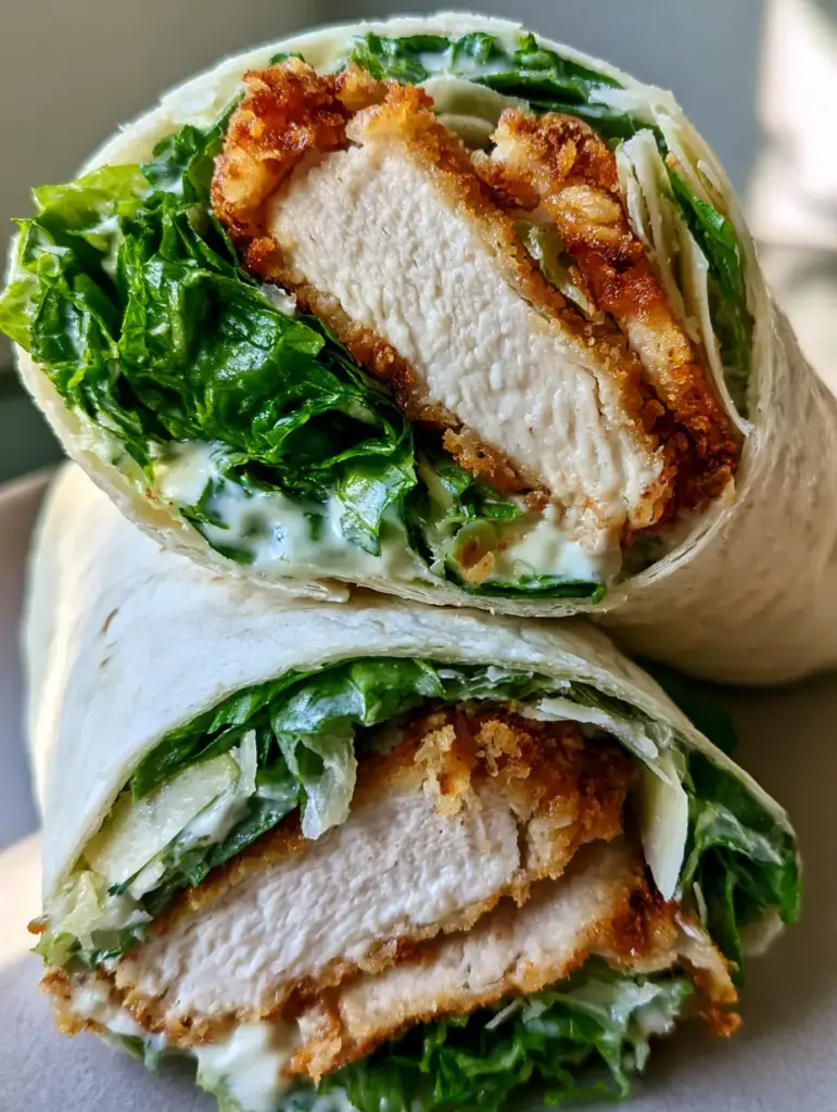 Crispy Chicken Caesar Wrap: The Ultimate Quick and Creamy Lunch 1 A halved Crispy Chicken Caesar Wrap showing the fresh vibrant green romaine and delicate shavings of parmesan.