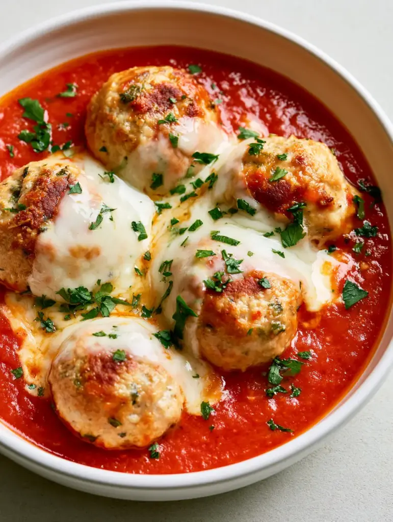 Chicken Ricotta Meatballs: Ultra-Tender & Cheesy Baked Meatballs 1 Chicken Ricotta Meatballs nestled in a vibrant red tomato marinara sauce, garnished with fresh parsley.