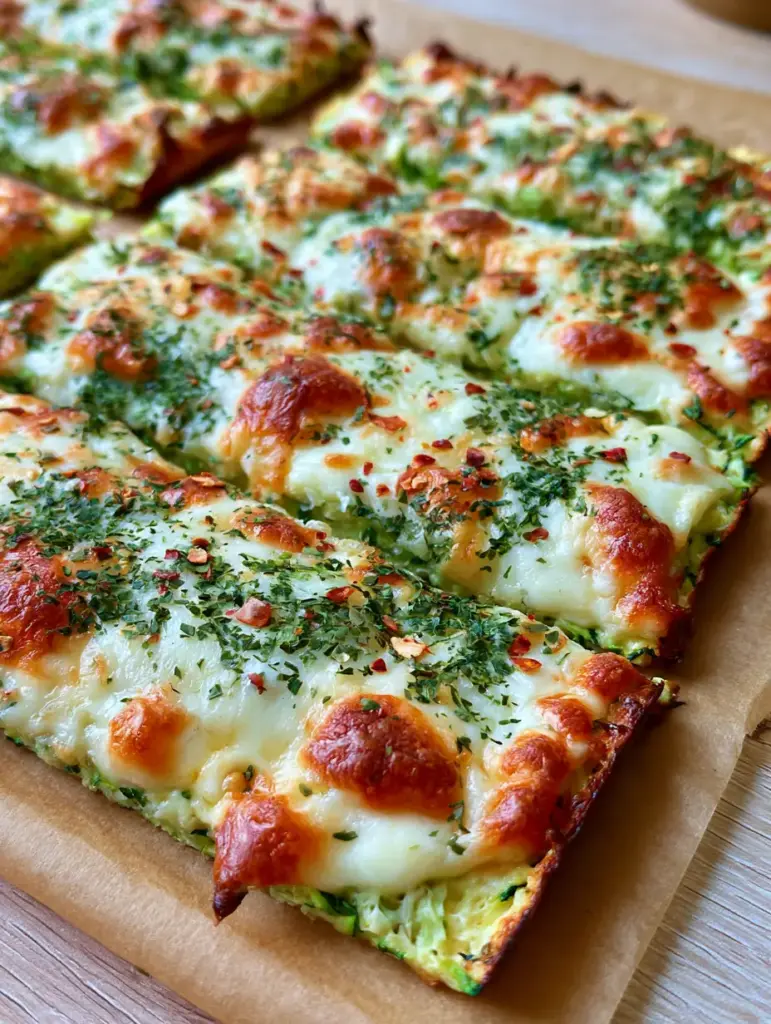 Cheesy Zucchini Breadsticks: The Ultimate Low-Carb Crispy Snack 1 Top down view of Cheesy Zucchini Breadsticks on parchment paper with oregano flakes.