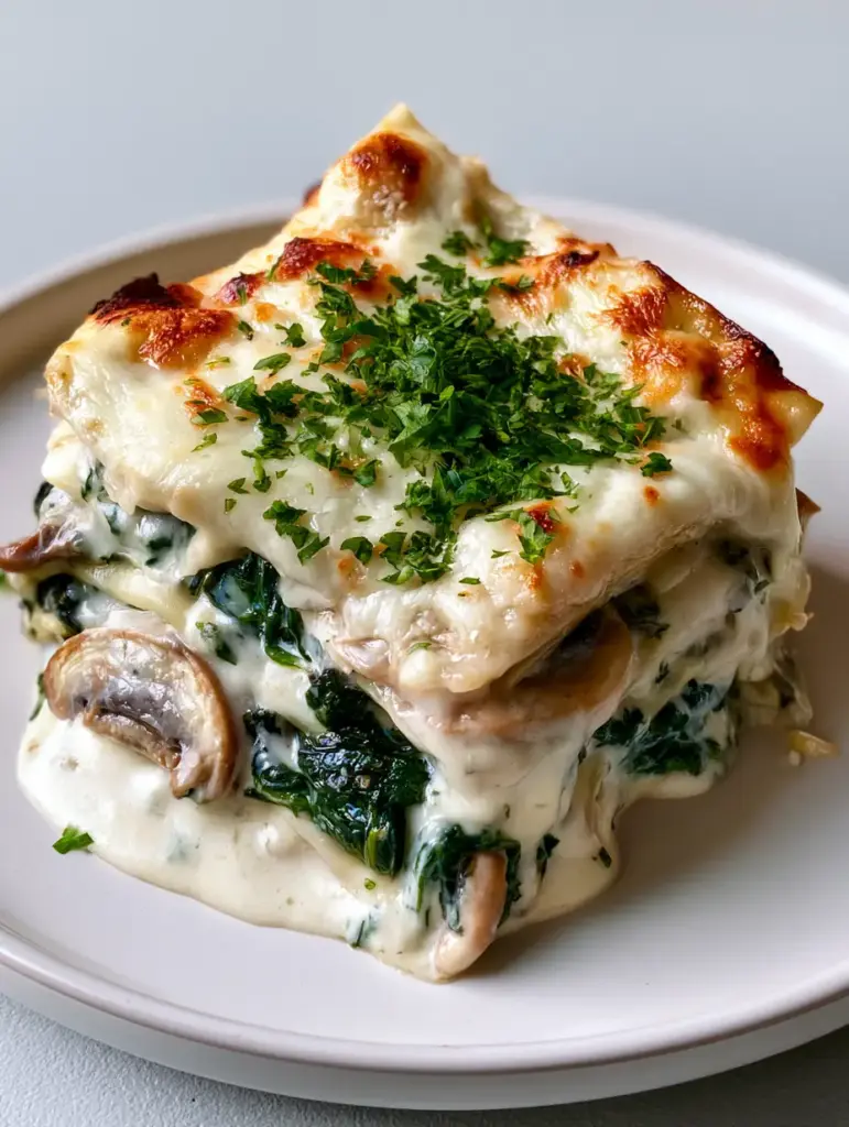 Creamy Spinach and Mushroom Lasagna with White Cheese Sauce 1 A slice of Creamy Spinach and Mushroom Lasagna slightly oozing at the edges, revealing the rich and velvety white cheese filling.
