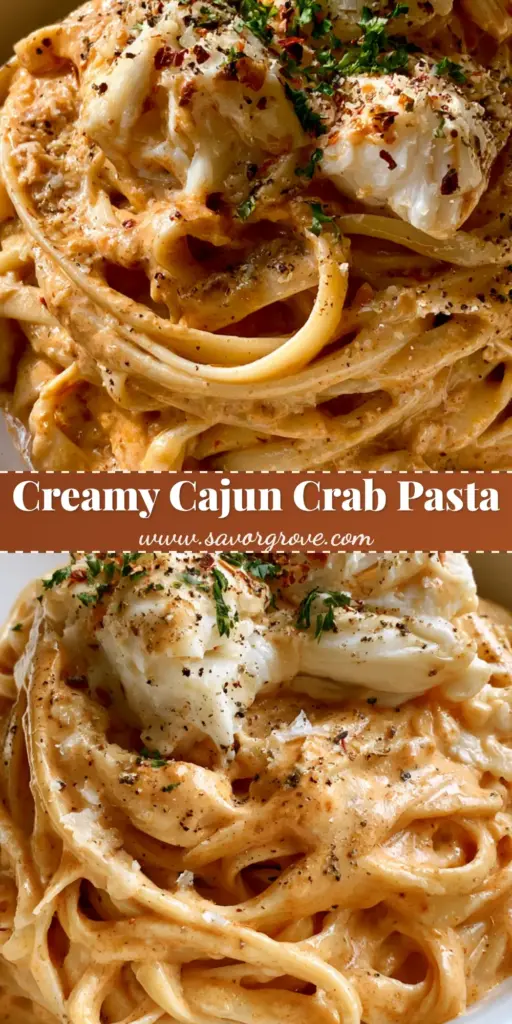 A close-up vertical shot of Cajun Crab Pasta with thick orange sauce and large white crab lumps in a white bowl.
