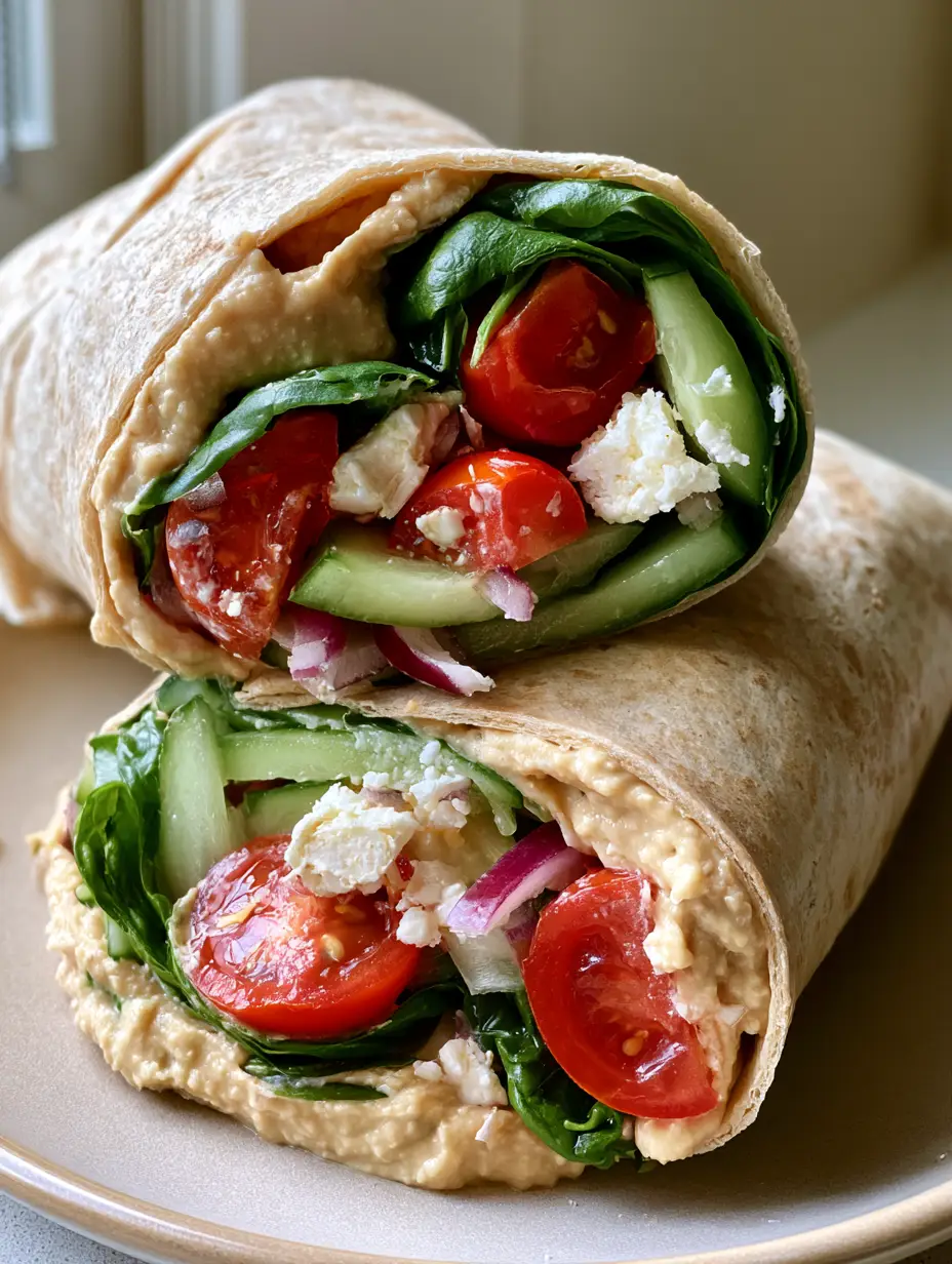 Mediterranean Veggie Wraps: The Ultimate Healthy and Fresh Lunch 4 Handheld smartphone photo of Mediterranean Veggie Wraps with vibrant red tomatoes and green spinach.