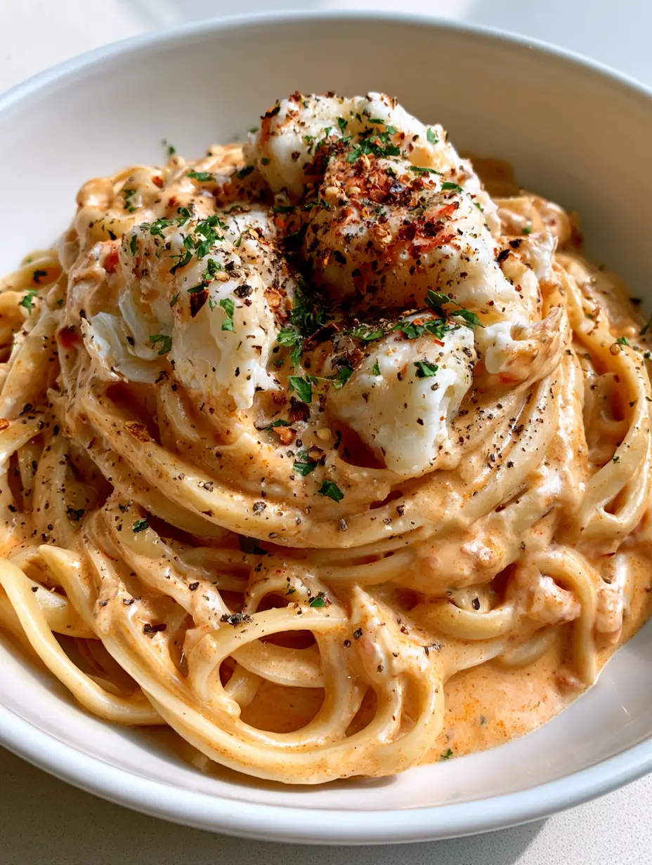 A white bowl filled with creamy Cajun crab pasta, featuring al dente fettuccine and fresh parsley garnish.