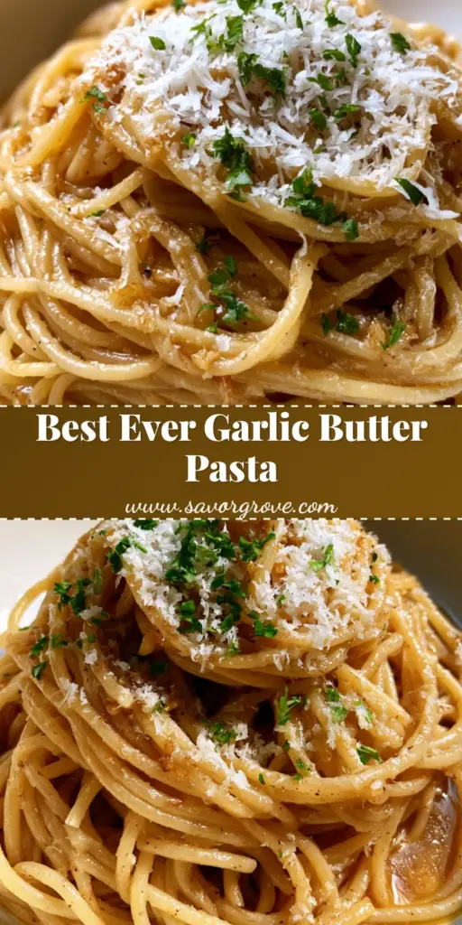 A close-up handheld shot of Garlic Butter Pasta in a white bowl, showing al dente spaghetti coated in a glossy golden sauce with parmesan and parsley.