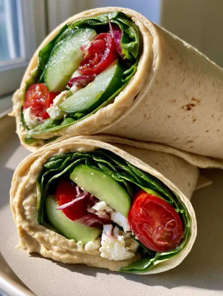 Mediterranean Veggie Wraps: The Ultimate Healthy and Fresh Lunch 1 Close-up of sliced Mediterranean Veggie Wraps showing the thick layer of beige hummus and crisp cucumbers.