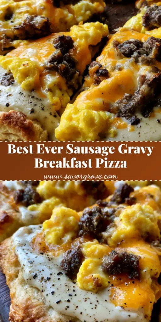 Sausage Gravy Breakfast Pizza with Flaky Biscuit Crust 4 A close-up shot of a Sausage Gravy Breakfast Pizza slice showing the thick white gravy, cracked black pepper, and melted cheddar cheese on a biscuit crust.
