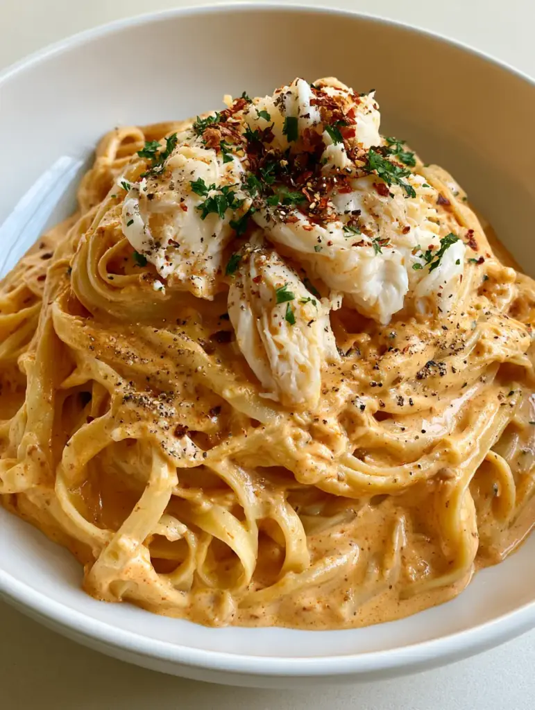 Smartphone photo of Cajun Crab Pasta showing the glossy pale-orange sauce and red pepper flake seasoning.