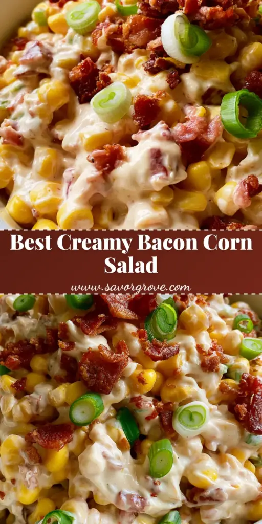 Bacon and Corn Salad with Creamy Dressing and Fresh Green Onions 4 A close-up vertical shot of a creamy Bacon and Corn Salad featuring bright yellow corn, crispy bacon bits, and green onions in a white bowl.