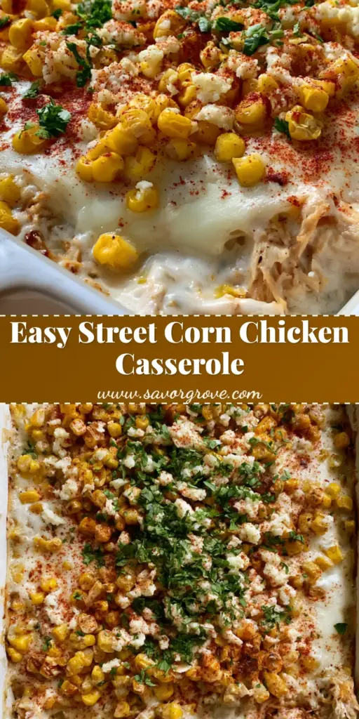 Street Corn Chicken Casserole: The Ultimate Cheesy Mexican-Inspired Dinner 3 A bubbling Street Corn Chicken Casserole in a white dish topped with roasted corn, cotija, and cilantro.