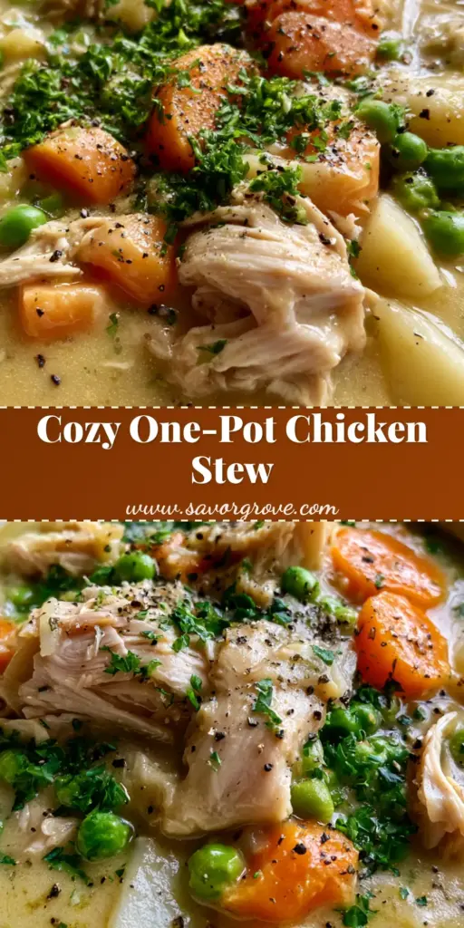 A rustic white bowl of Chicken Vegetable Stew with pulled chicken, peas, and carrots on a dark wood table.