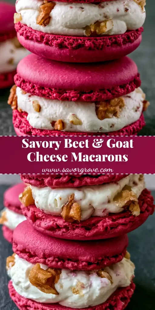 A stack of three vibrant magenta Savory Beet Macarons with thick white goat cheese filling and walnut pieces on a dark stone background.