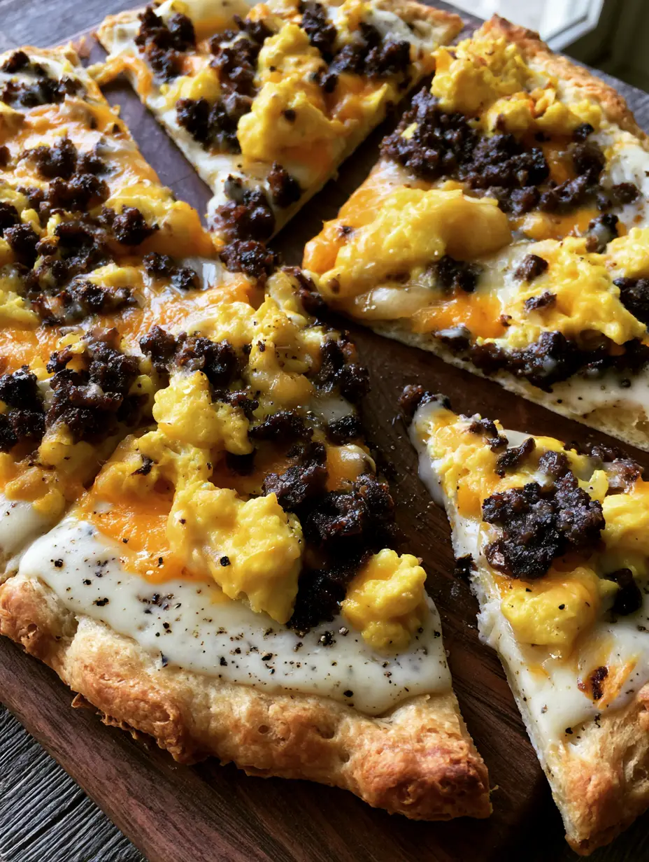 Sausage Gravy Breakfast Pizza with Flaky Biscuit Crust 3 Slightly overhead shot of Sausage Gravy Breakfast Pizza wedges with soft scrambled eggs and browned sausage on a rustic wooden board.