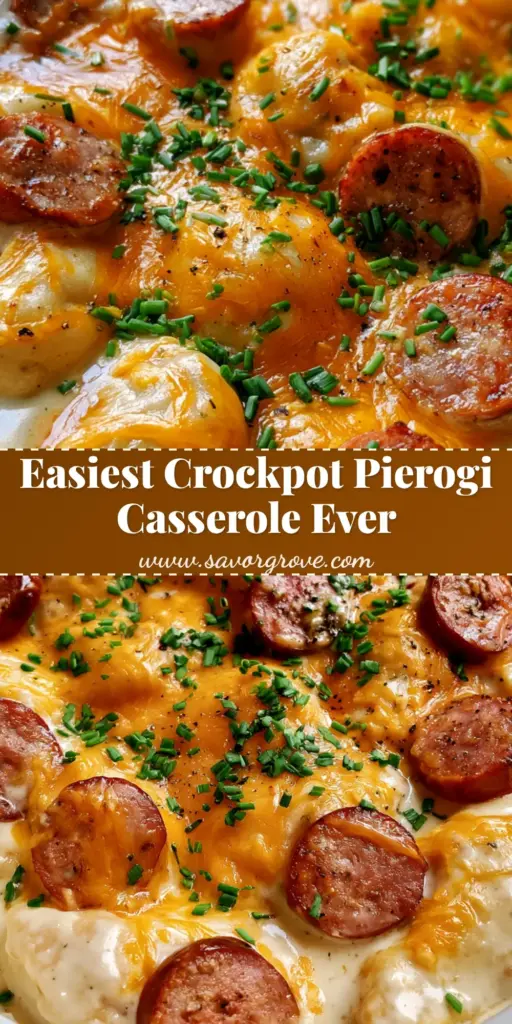 Crockpot Pierogi Casserole with Seared Kielbasa and Bubbly Cheddar 4 A top-down view of a Crockpot Pierogi Casserole with melted golden cheddar cheese, seared kielbasa rounds, and fresh green chives in a white slow cooker.