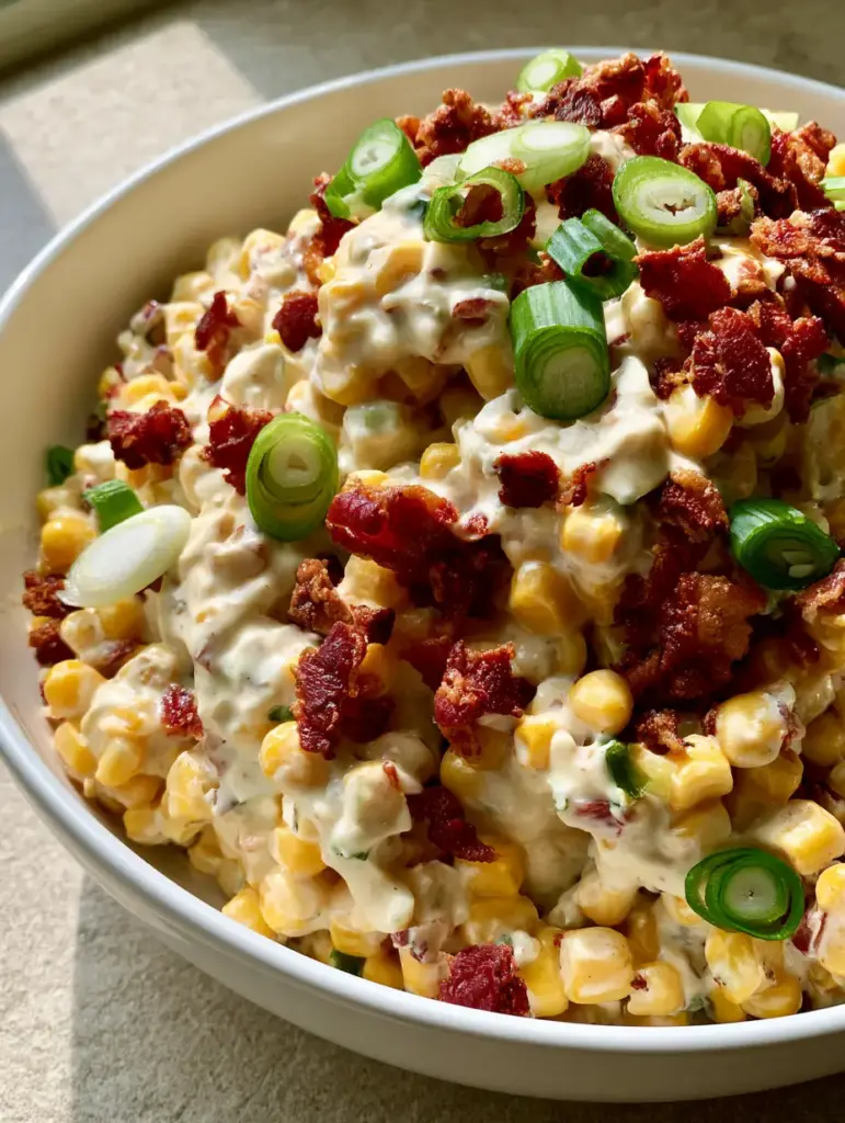 Bacon and Corn Salad with Creamy Dressing and Fresh Green Onions 2 Top-down view of Bacon and Corn Salad with plump corn kernels and thick white mayonnaise dressing in a ceramic bowl.