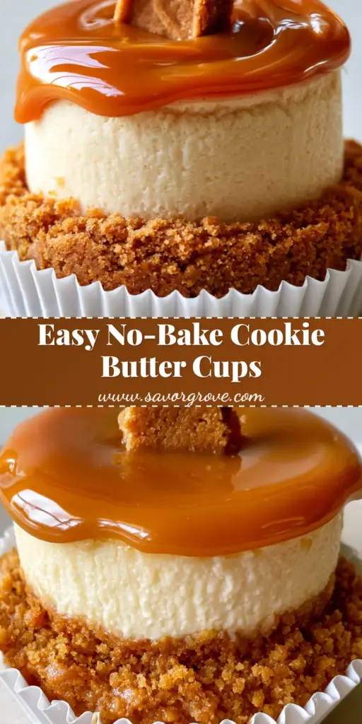 Cookie Butter Cheesecake Cups: The Ultimate Pinterest-Famous Recipe 4 A close-up vertical shot of individual Cookie Butter Cheesecake Cups held in paper liners, featuring a thick amber sauce and cookie garnish.