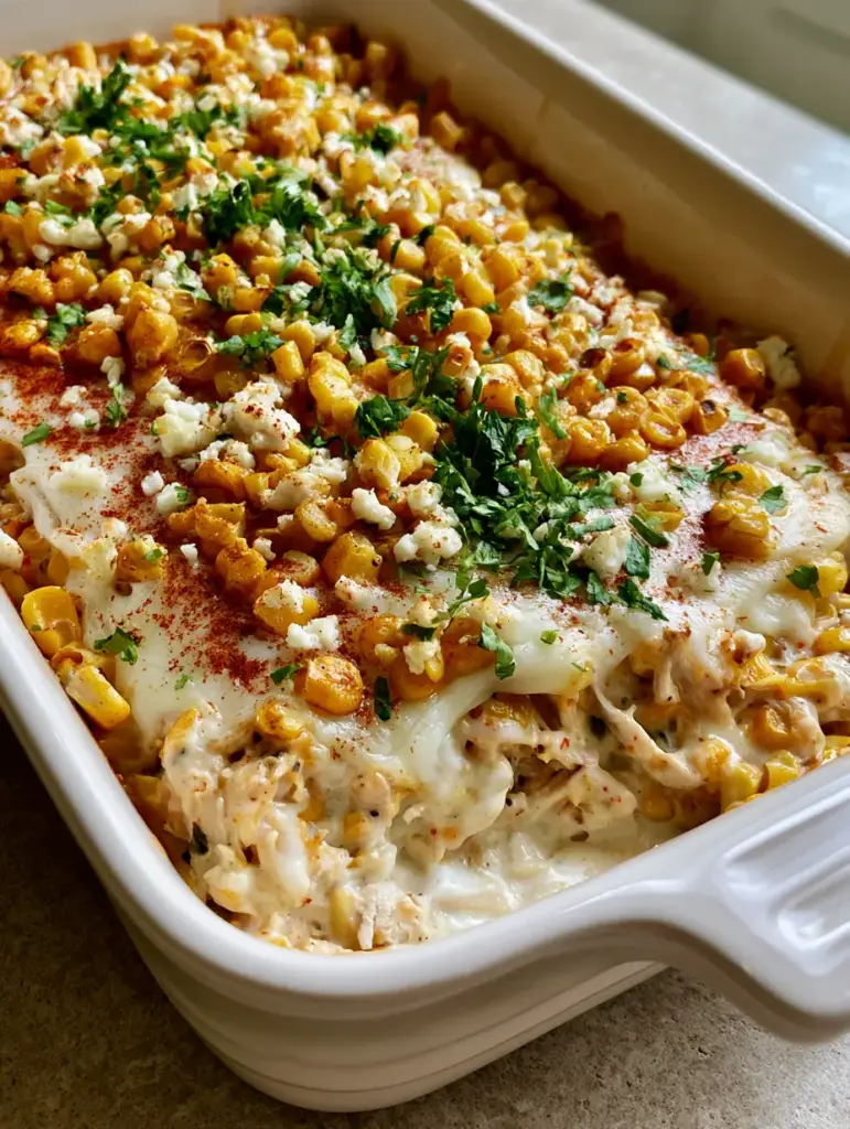 Street Corn Chicken Casserole: The Ultimate Cheesy Mexican-Inspired Dinner 2 Overhead view of Street Corn Chicken Casserole featuring melted mozzarella and roasted corn kernels.